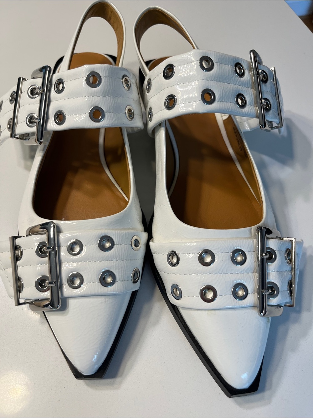 Steve Madden White Graya Patent Pointed Slingback Flats with Grommet Buckles